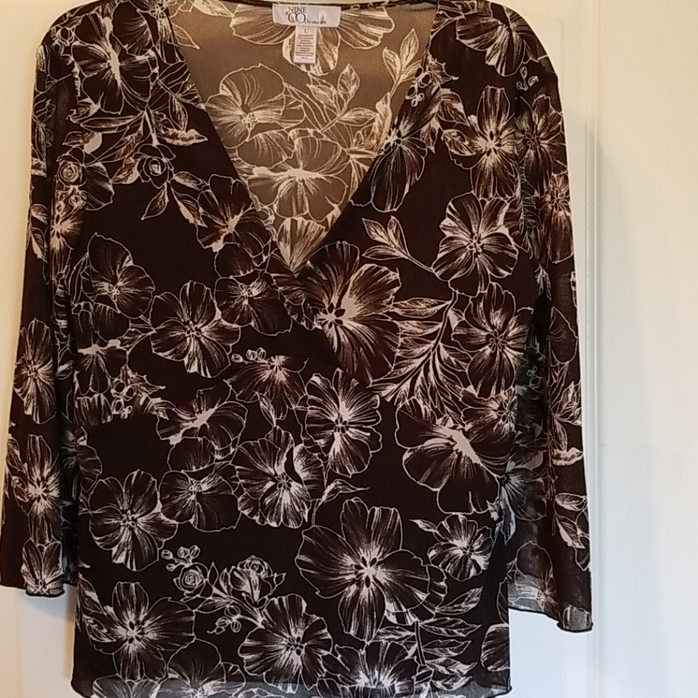 Nine & CO 3/4 Sleeve Brown & White Sheer Floral Top Size L
